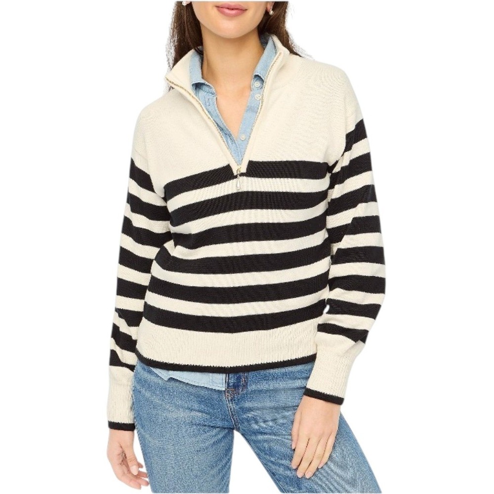 J. Crew Striped Quarter Zip Cotton Sweater Ivory Black Pearl Zip Preppy Small